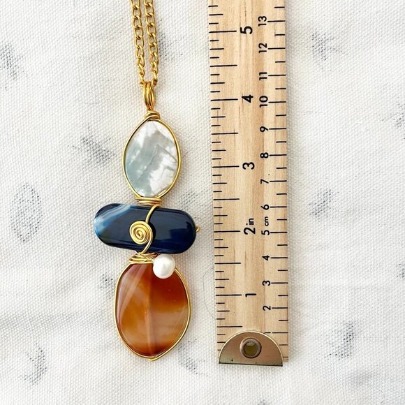 Artisan Pendant Gold-Tone Necklace- Sodalite, Blue Agate, Pearls & Carnelian - Picture 12 of 13